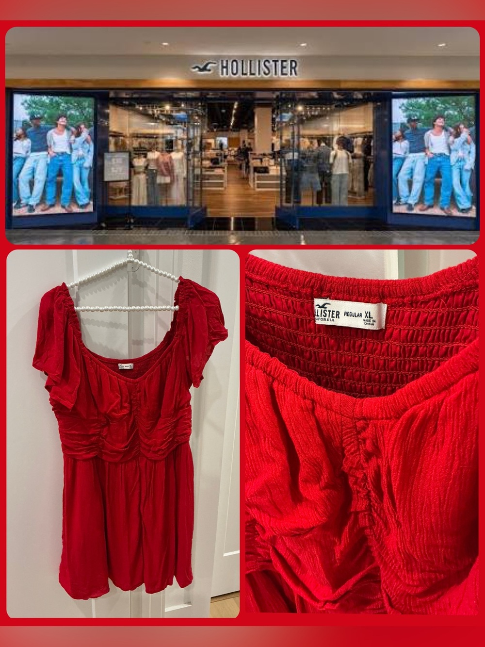 💃 DARLING Hollister Red Ruched Smock Short Mini Dress XL 💃